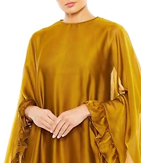 Mac Duggal Crew Neck Ruffle Hem Long Cape Sleeve Waistless Mini Dress