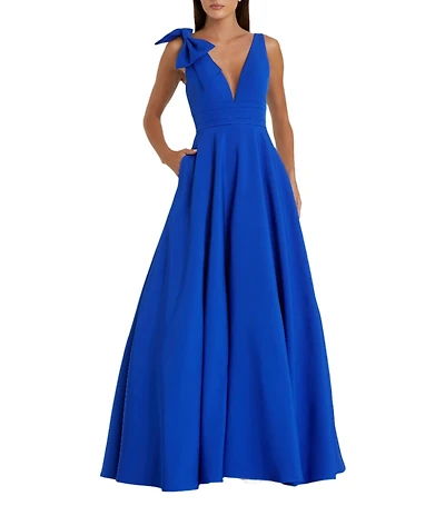 Mac Duggal Deep V-Neck Bow Shoulder Crepe Ballgown