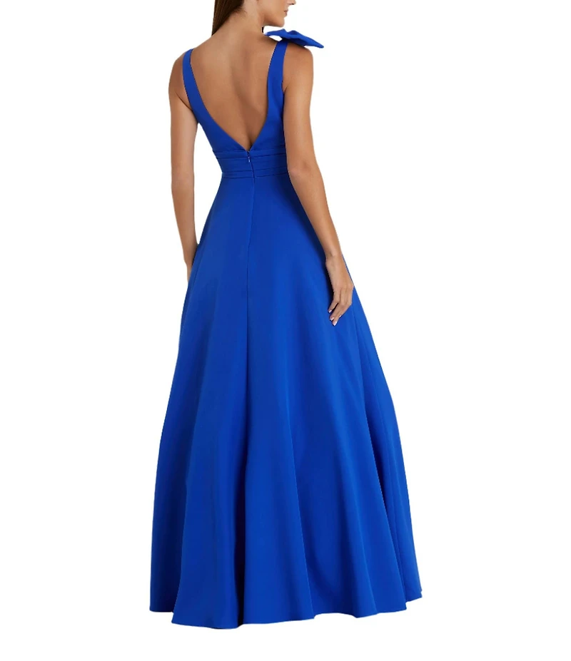 Mac Duggal Deep V-Neck Bow Shoulder Crepe Ballgown