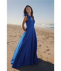 Mac Duggal Deep V-Neck Bow Shoulder Crepe Ballgown
