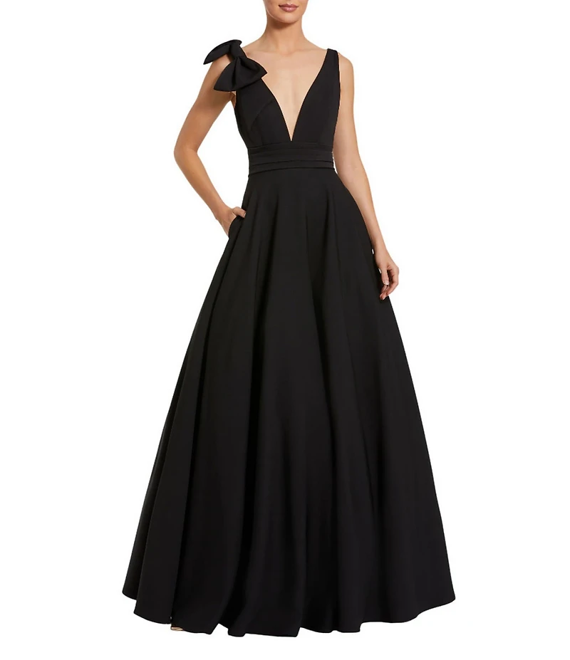 Mac Duggal Deep V-Neck Bow Shoulder Crepe Ballgown