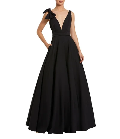 Mac Duggal Deep V-Neck Bow Shoulder Crepe Ballgown
