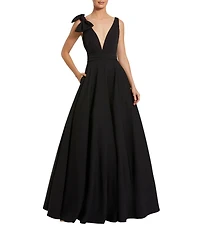 Mac Duggal Deep V-Neck Bow Shoulder Crepe Ballgown
