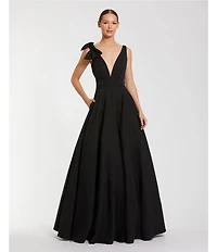 Mac Duggal Deep V-Neck Bow Shoulder Crepe Ballgown