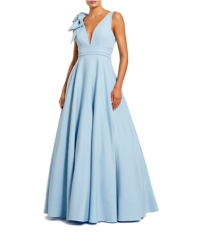 Mac Duggal Deep V-Neck Bow Shoulder Crepe Ballgown