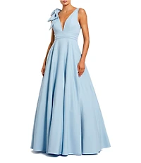 Mac Duggal Deep V-Neck Bow Shoulder Crepe Ballgown