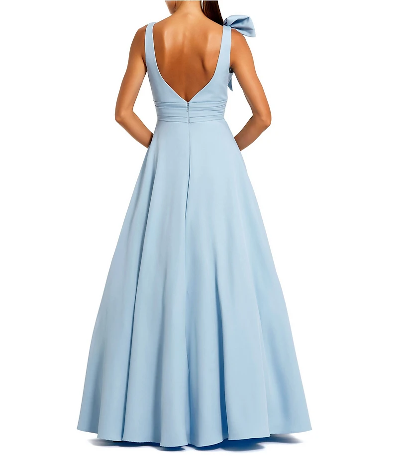 Mac Duggal Deep V-Neck Bow Shoulder Crepe Ballgown
