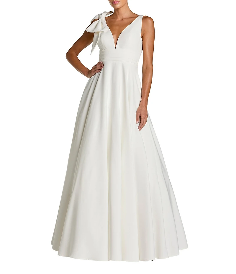 Mac Duggal Deep V-Neck Bow Shoulder Crepe Gown