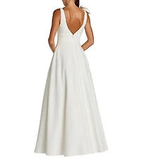 Mac Duggal Deep V-Neck Bow Shoulder Crepe Gown