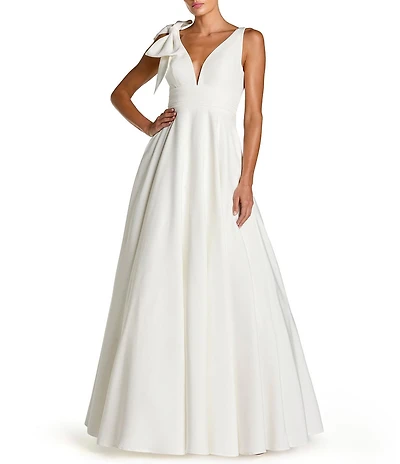 Mac Duggal Deep V-Neck Bow Shoulder Crepe Gown