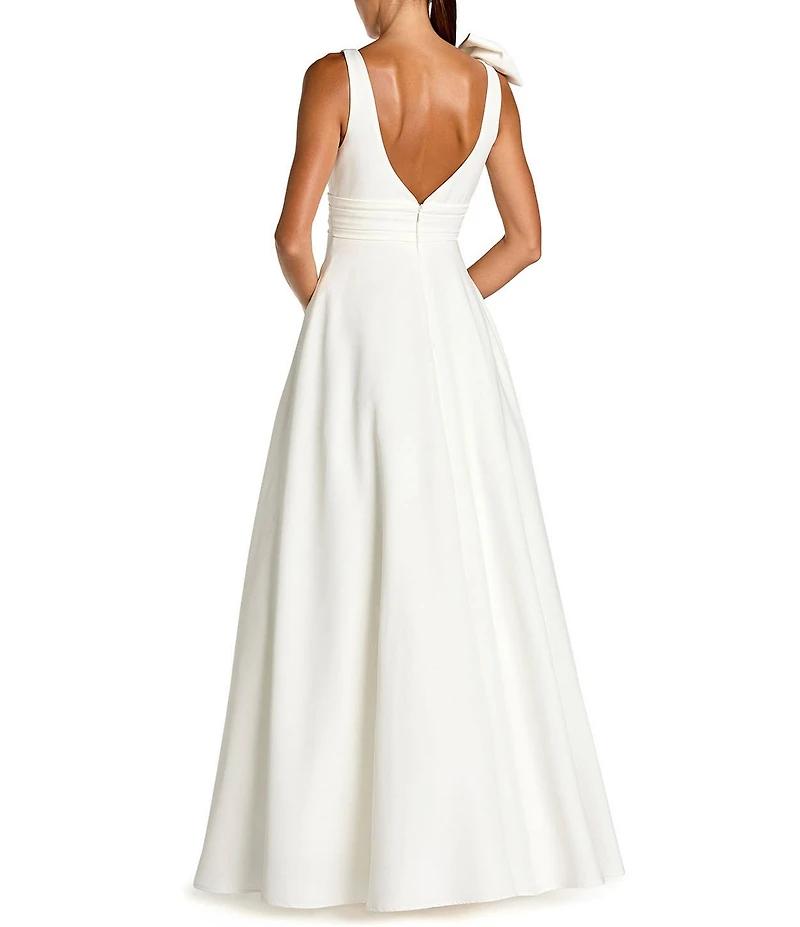 Mac Duggal Deep V-Neck Bow Shoulder Crepe Gown