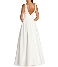Mac Duggal Deep V-Neck Bow Shoulder Crepe Gown