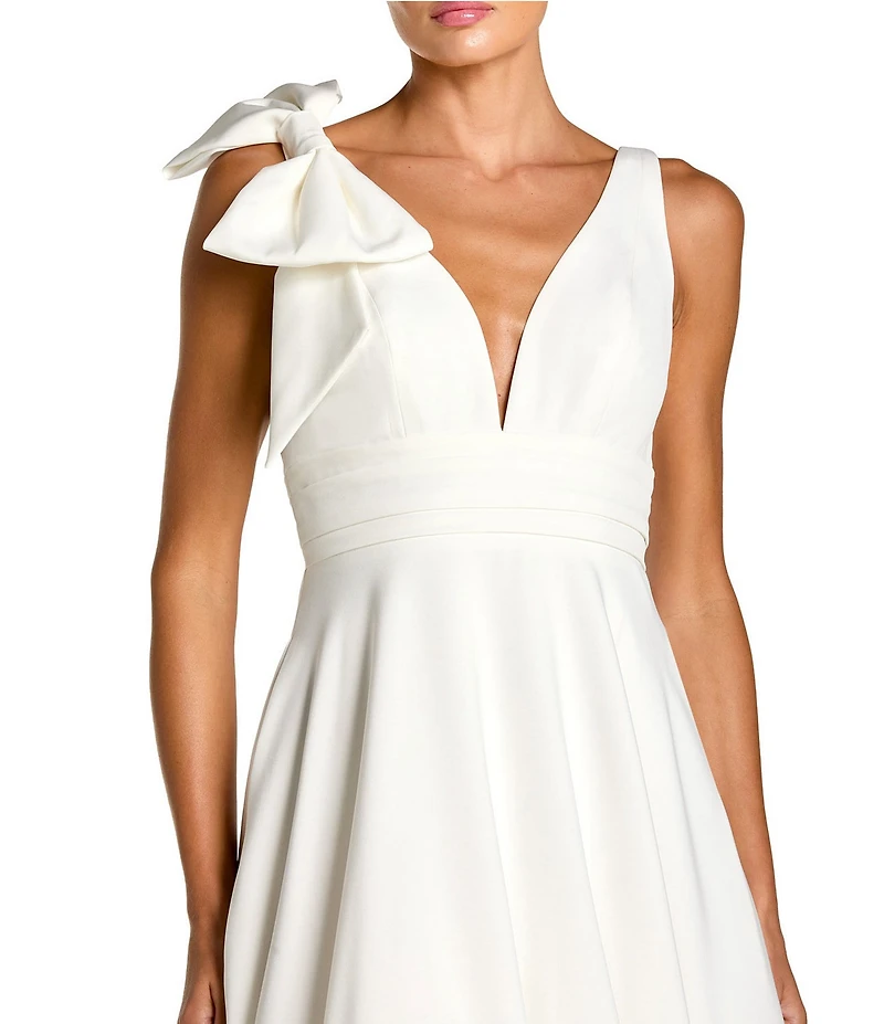 Mac Duggal Deep V-Neck Bow Shoulder Crepe Gown