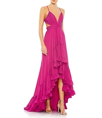 Mac Duggal Deep V-Neck Open Back Ruffle Front Chiffon Sheath Hi-Lo Gown