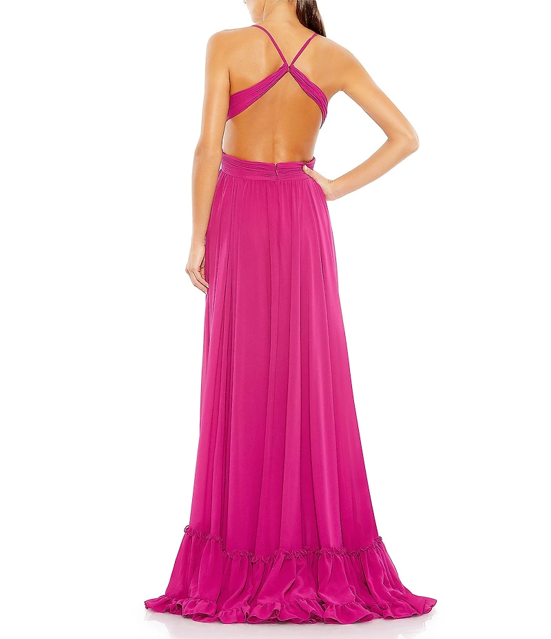 Mac Duggal Deep V-Neck Open Back Ruffle Front Chiffon Sheath Hi-Lo Gown