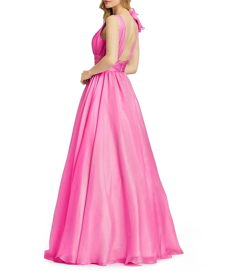 Mac Duggal Deep V-Neck Sleeveless Ruffled Shoulder Ball Gown