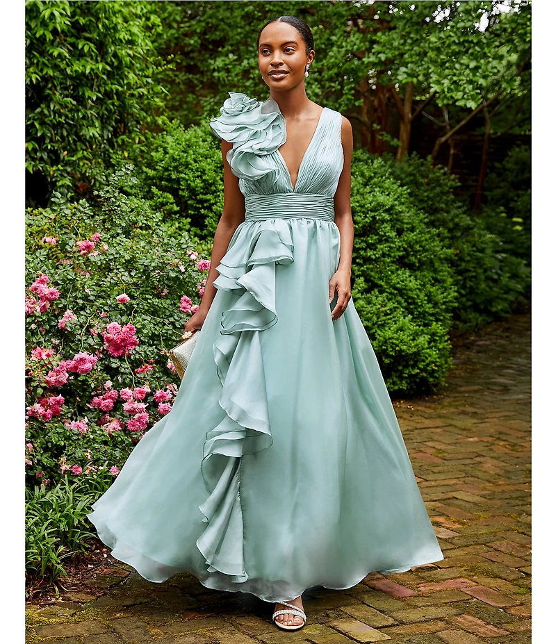 Mac Duggal Deep V-Neck Sleeveless Ruffled Shoulder Ball Gown