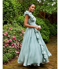 Mac Duggal Deep V-Neck Sleeveless Ruffled Shoulder Ball Gown