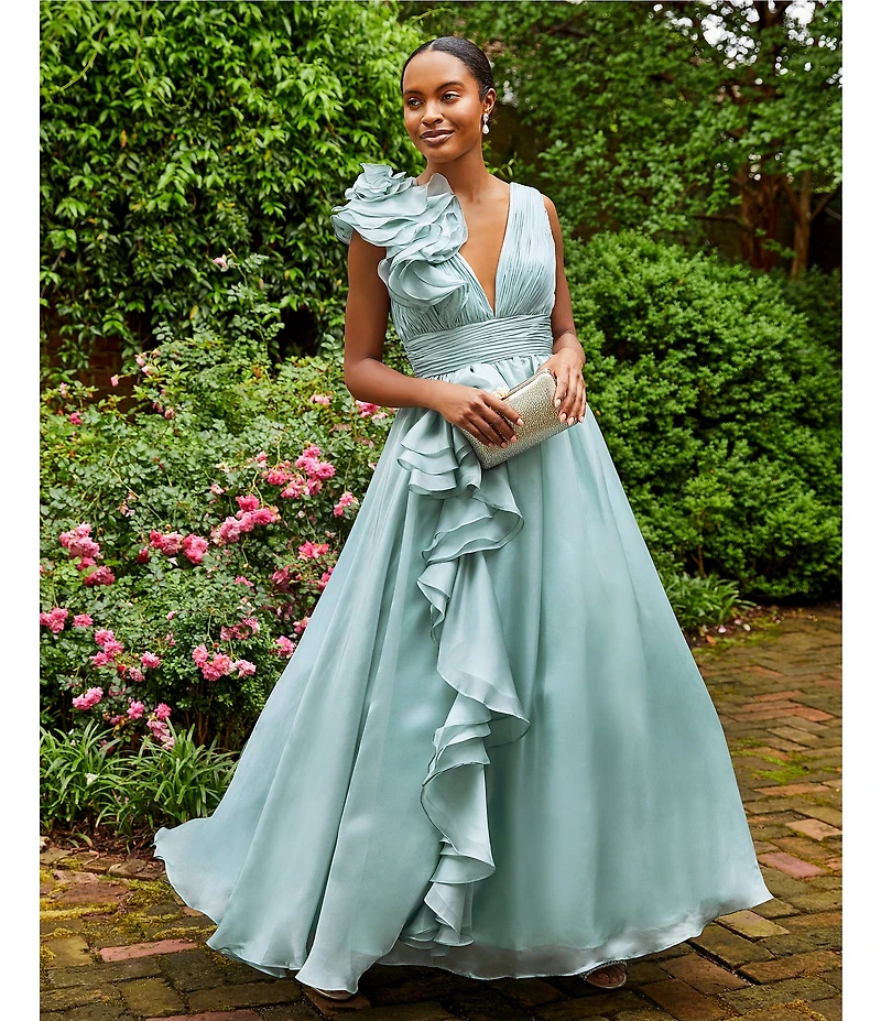 Mac Duggal Deep V-Neck Sleeveless Ruffled Shoulder Ball Gown