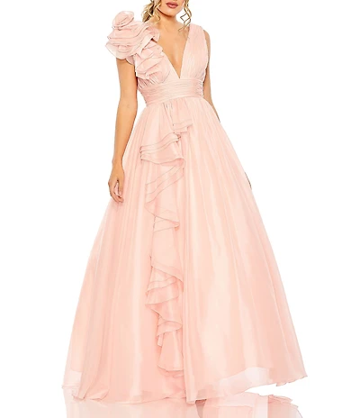 Mac Duggal Deep V-Neck Sleeveless Ruffled Shoulder Ball Gown