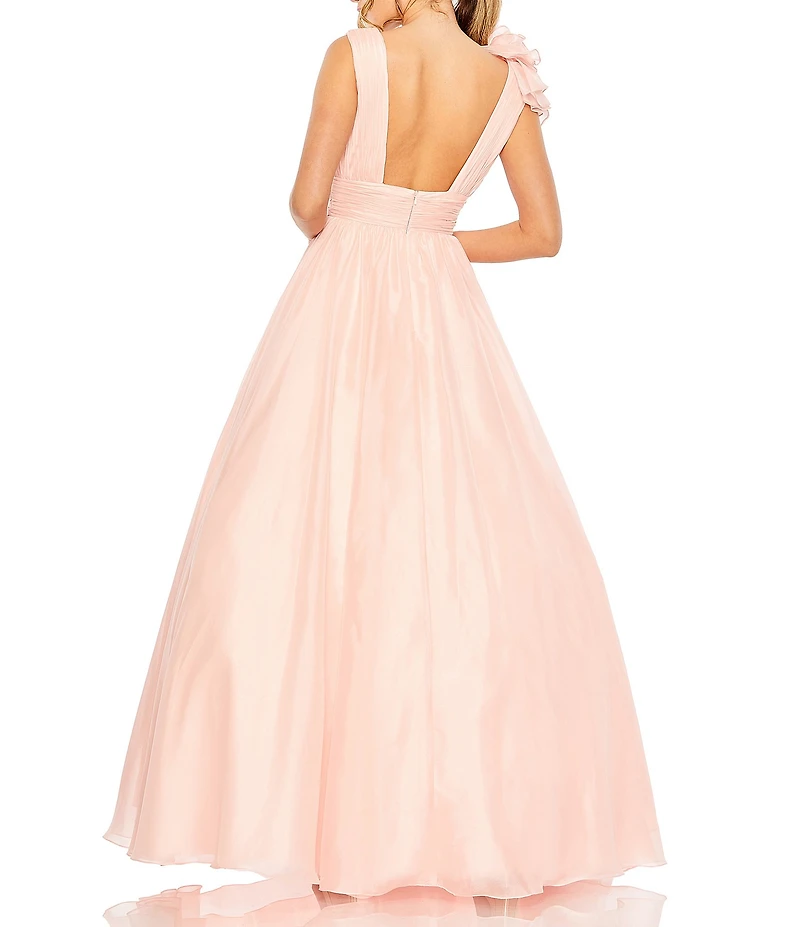 Mac Duggal Deep V-Neck Sleeveless Ruffled Shoulder Ball Gown