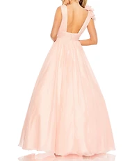 Mac Duggal Deep V-Neck Sleeveless Ruffled Shoulder Ball Gown
