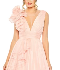 Mac Duggal Deep V-Neck Sleeveless Ruffled Shoulder Ball Gown