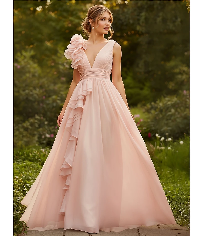 Mac Duggal Chiffon Deep V-Neck Sleeveless Ruffled Shoulder Ball Gown