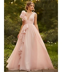 Mac Duggal Chiffon Deep V-Neck Sleeveless Ruffled Shoulder Ball Gown