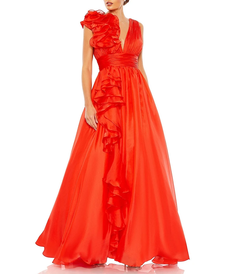 Mac Duggal Deep V-Neck Sleeveless Ruffled Shoulder Ball Gown