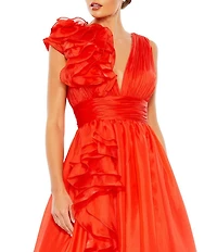 Mac Duggal Deep V-Neck Sleeveless Ruffled Shoulder Ball Gown