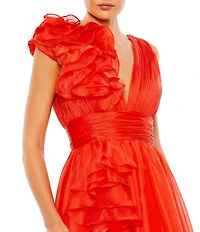 Mac Duggal Deep V-Neck Sleeveless Ruffled Shoulder Ball Gown