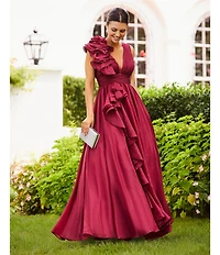 Mac Duggal Deep V-Neck Sleeveless Ruffled Shoulder Ball Gown
