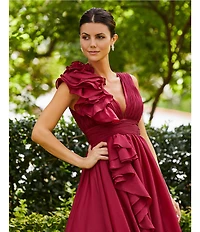 Mac Duggal Deep V-Neck Sleeveless Ruffled Shoulder Ball Gown