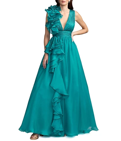 Mac Duggal Chiffon Deep V-Neck Sleeveless Ruffled Shoulder Gown