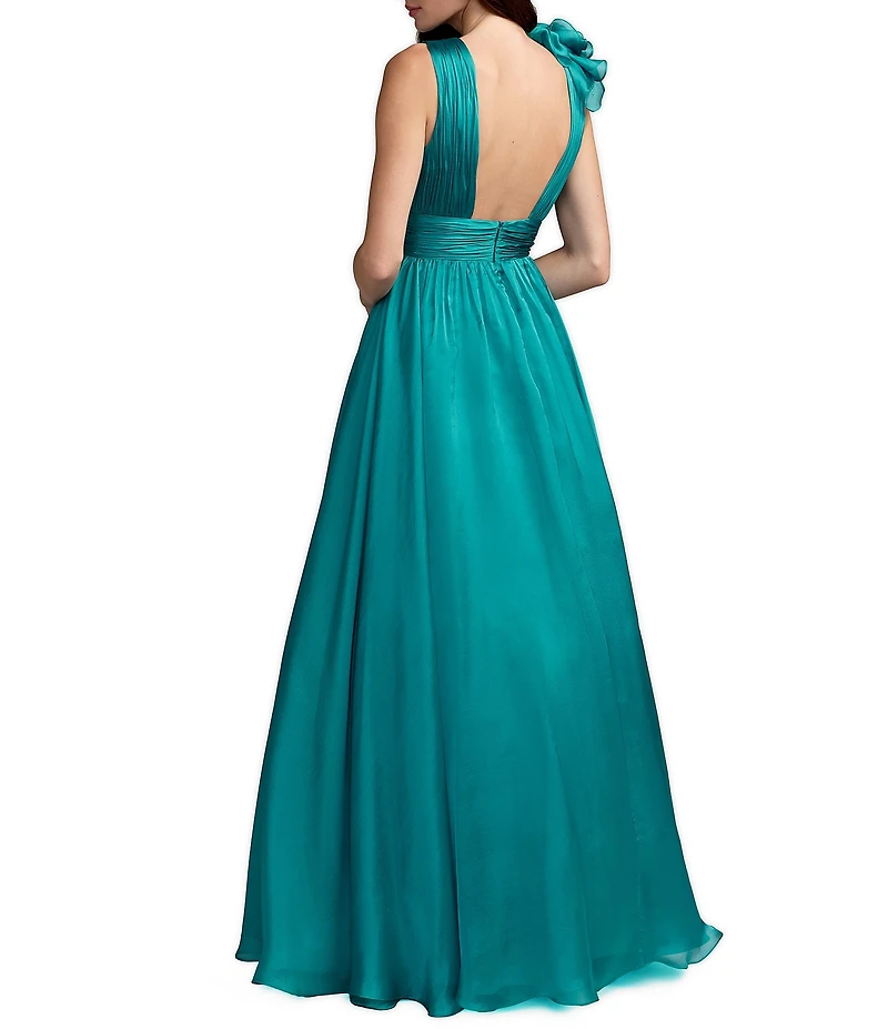 Mac Duggal Chiffon Deep V-Neck Sleeveless Ruffled Shoulder Gown