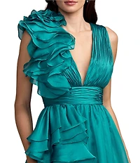 Mac Duggal Chiffon Deep V-Neck Sleeveless Ruffled Shoulder Gown