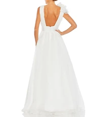 Mac Duggal Chiffon Deep V-Neck Sleeveless Ruffled Shoulder Ball Gown