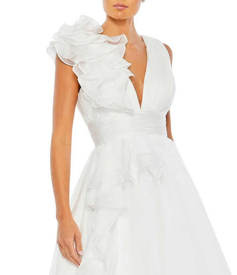 Mac Duggal Chiffon Deep V-Neck Sleeveless Ruffled Shoulder Ball Gown