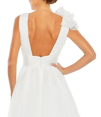 Mac Duggal Chiffon Deep V-Neck Sleeveless Ruffled Shoulder Ball Gown