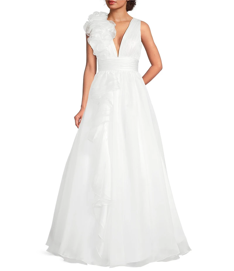 Mac Duggal Chiffon Deep V-Neck Sleeveless Ruffled Shoulder Ball Gown