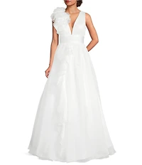 Mac Duggal Chiffon Deep V-Neck Sleeveless Ruffled Shoulder Ball Gown