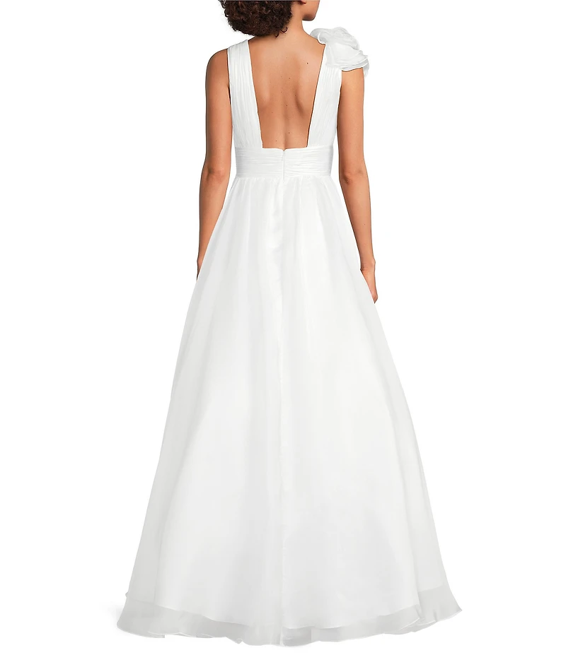 Mac Duggal Chiffon Deep V-Neck Sleeveless Ruffled Shoulder Ball Gown