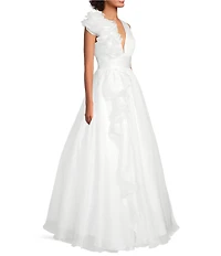 Mac Duggal Chiffon Deep V-Neck Sleeveless Ruffled Shoulder Ball Gown