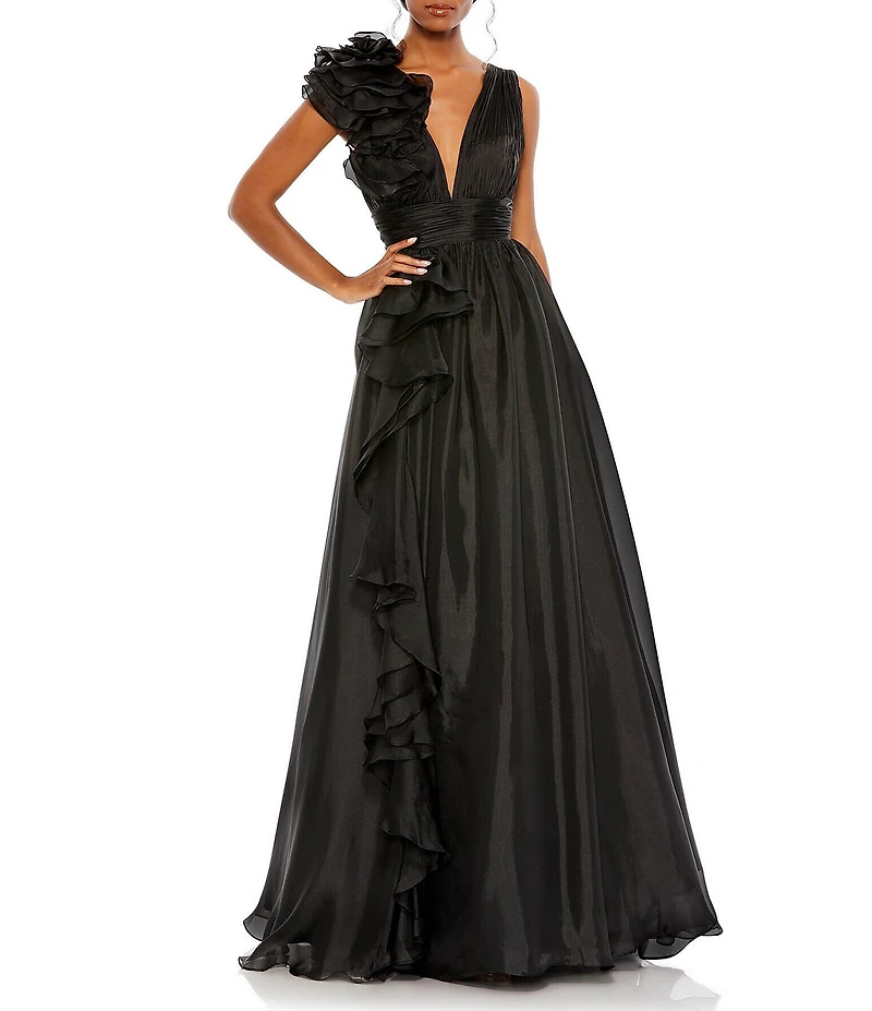 Mac Duggal Chiffon Deep V-Neck Sleeveless Ruffled Shoulder Ball Gown