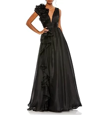 Mac Duggal Chiffon Deep V-Neck Sleeveless Ruffled Shoulder Ball Gown