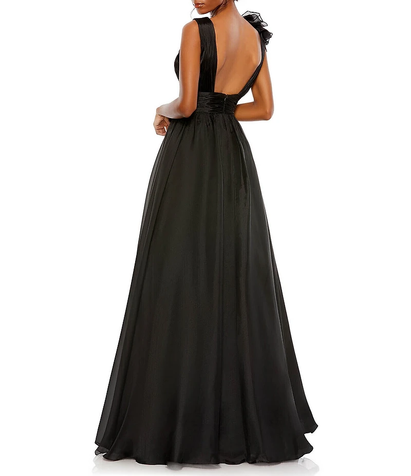 Mac Duggal Chiffon Deep V-Neck Sleeveless Ruffled Shoulder Ball Gown