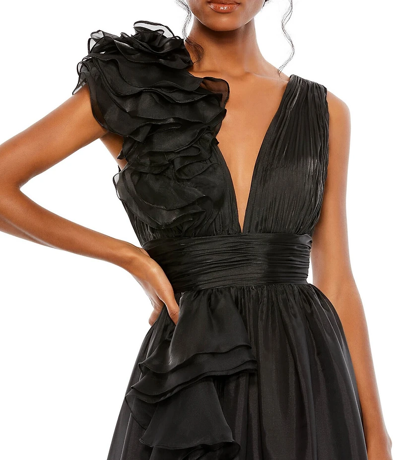 Mac Duggal Chiffon Deep V-Neck Sleeveless Ruffled Shoulder Ball Gown