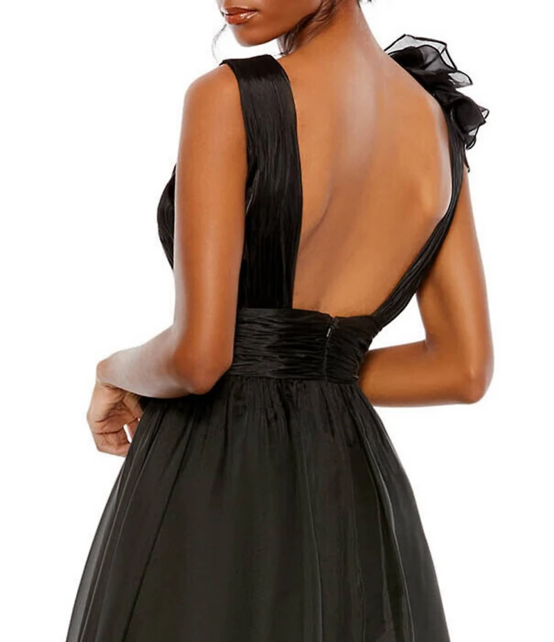 Mac Duggal Chiffon Deep V-Neck Sleeveless Ruffled Shoulder Ball Gown