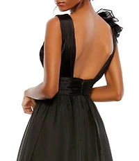 Mac Duggal Chiffon Deep V-Neck Sleeveless Ruffled Shoulder Ball Gown